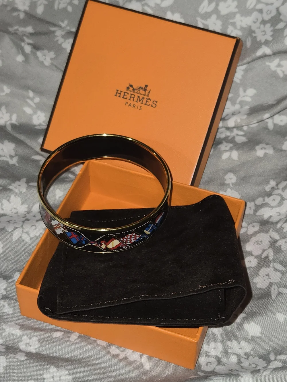 Hermes Vintage Black Enamel & Gold Flag Motif Bangle